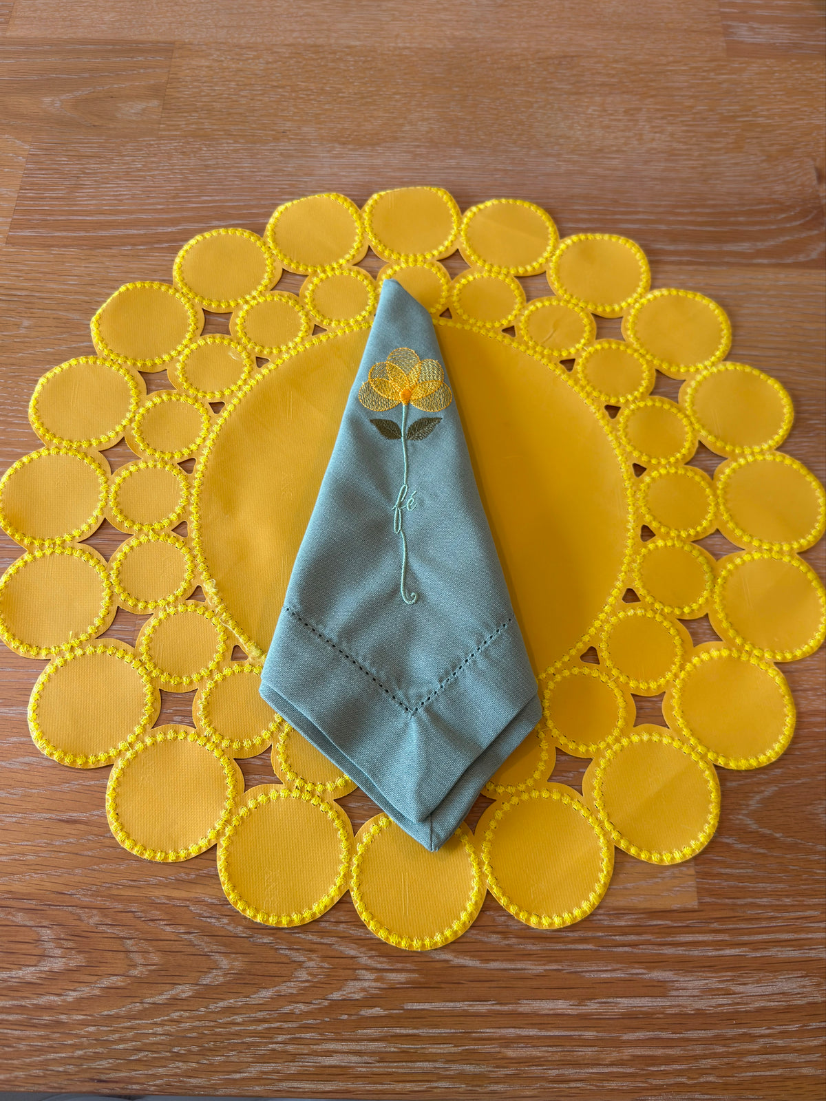 Faith and Sunshine embroidered napkin detail