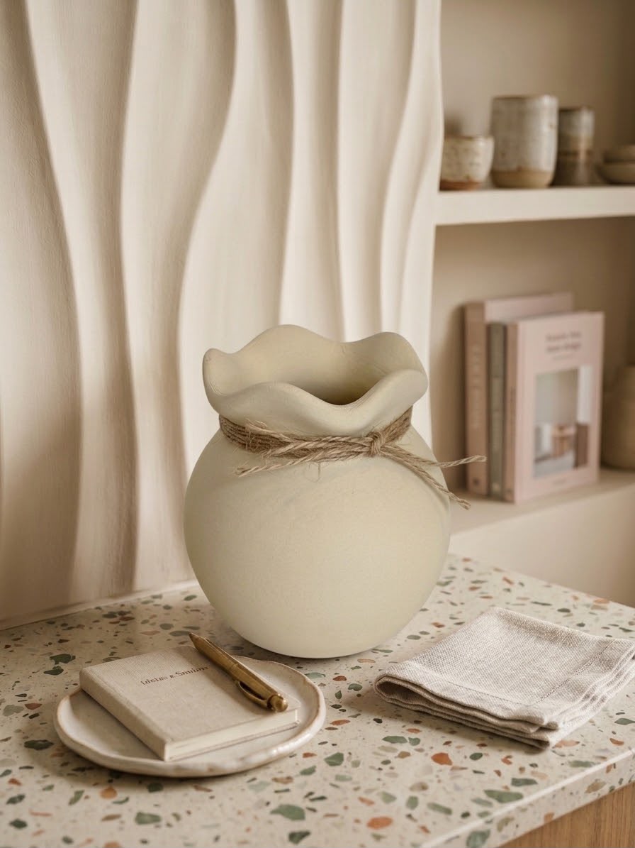 Vaso Aurora Creme - decorativo 3D com laço de juta