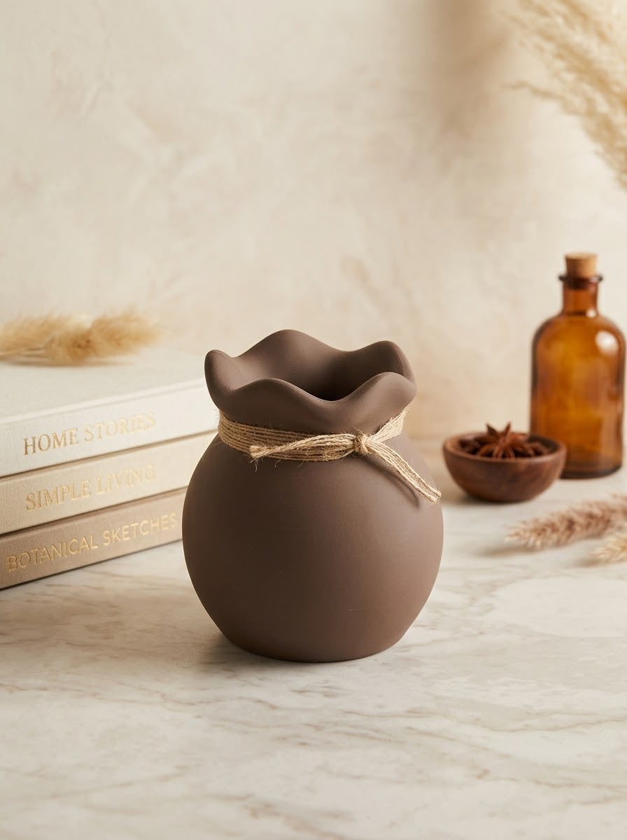Vaso Aurora Marrom - decorativo 3D com laço de juta