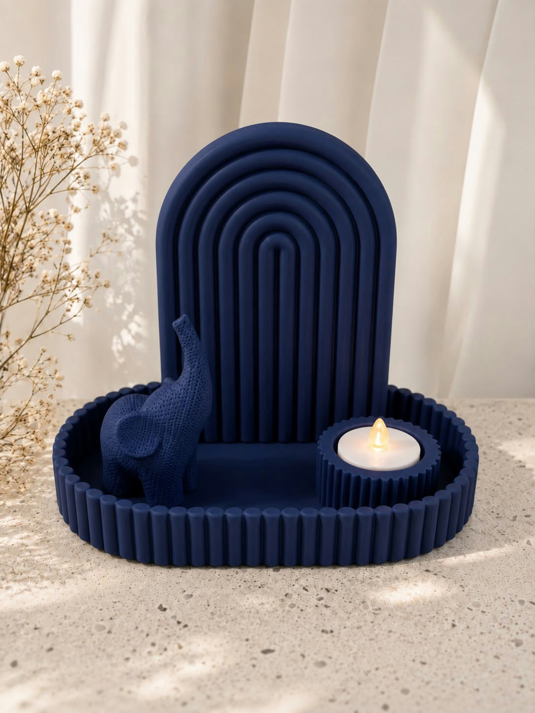 Little Elephant Kit navy set with elephant figurine, rainbow arch, tea light holder and tray