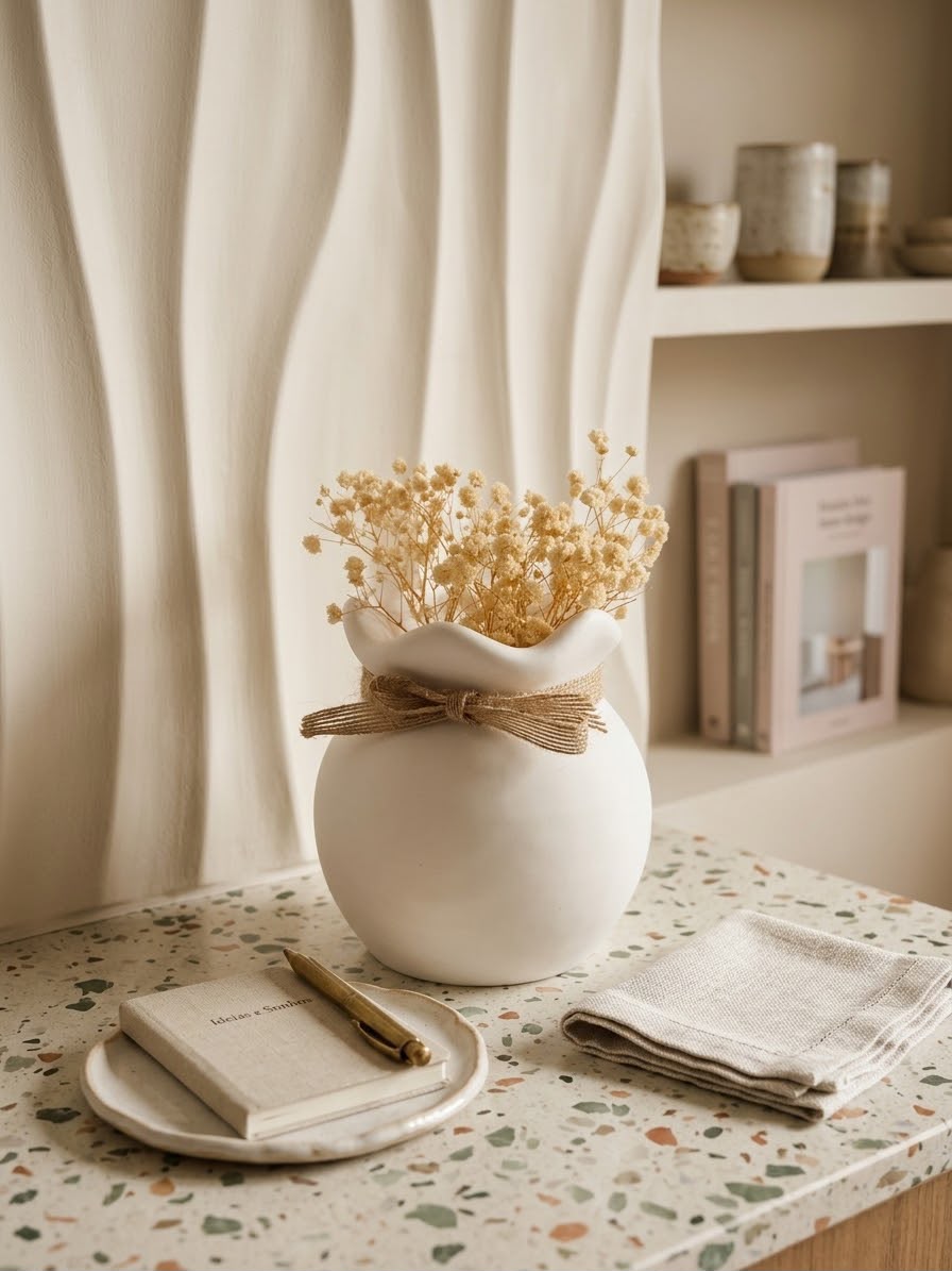 Vaso Aurora Branco - decorativo 3D com laço de juta