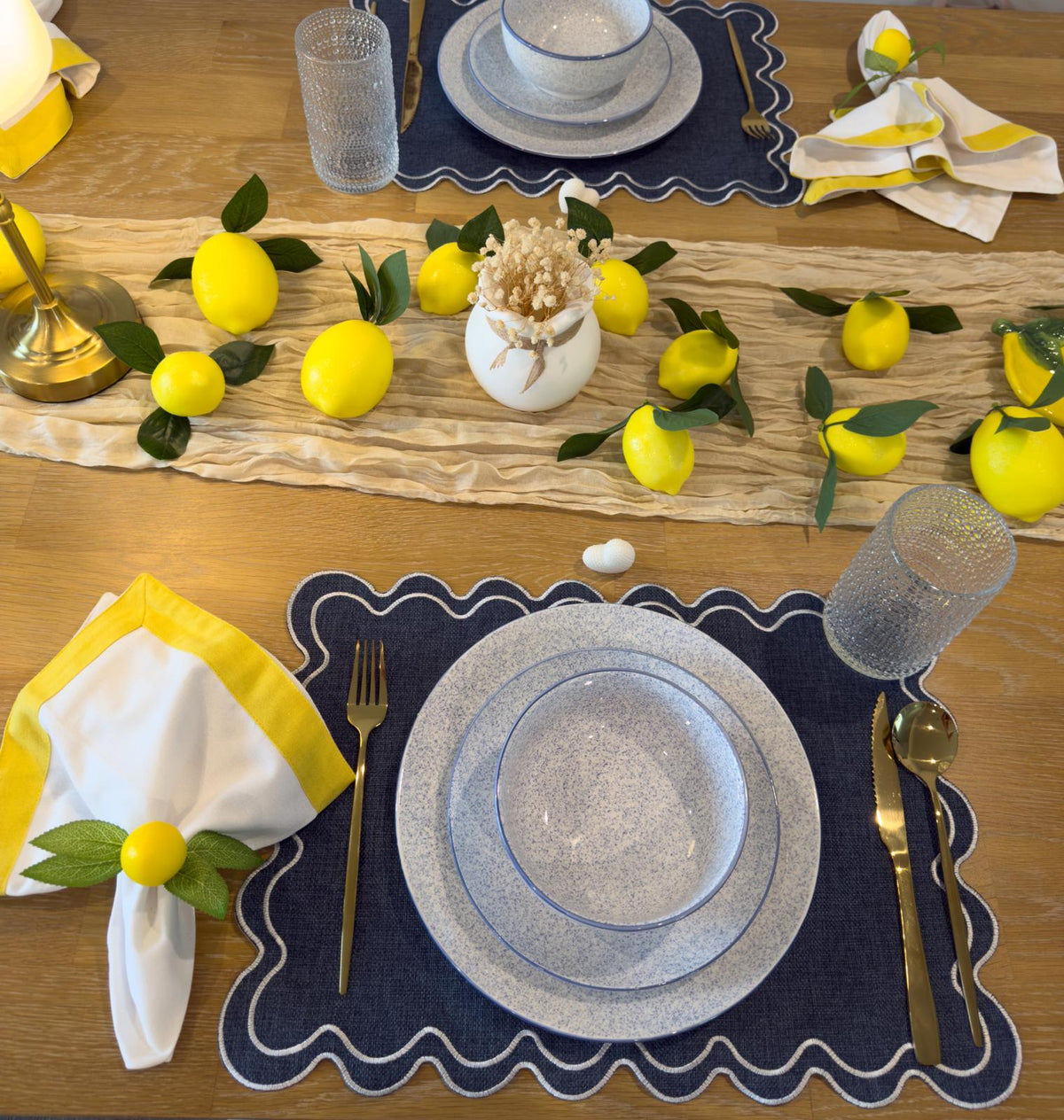 Secret Garden table setting - navy placemat with lemon centerpiece