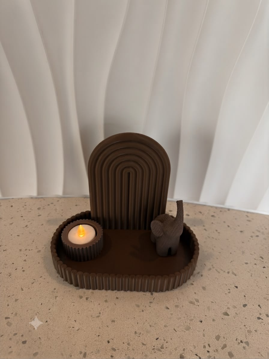 Little Elephant Kit brown set with elephant figurine, rainbow arch, tea light holder and tray