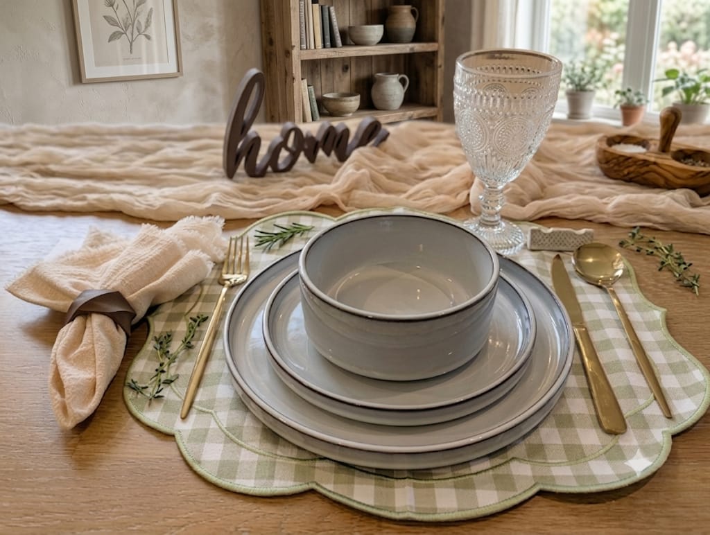 Sage Cottage Table Setting for 1 – Gingham Linen Set