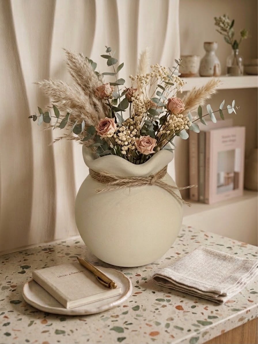 Organic Design 3D Printed Vase with Burlap Bow - Aurora Cream