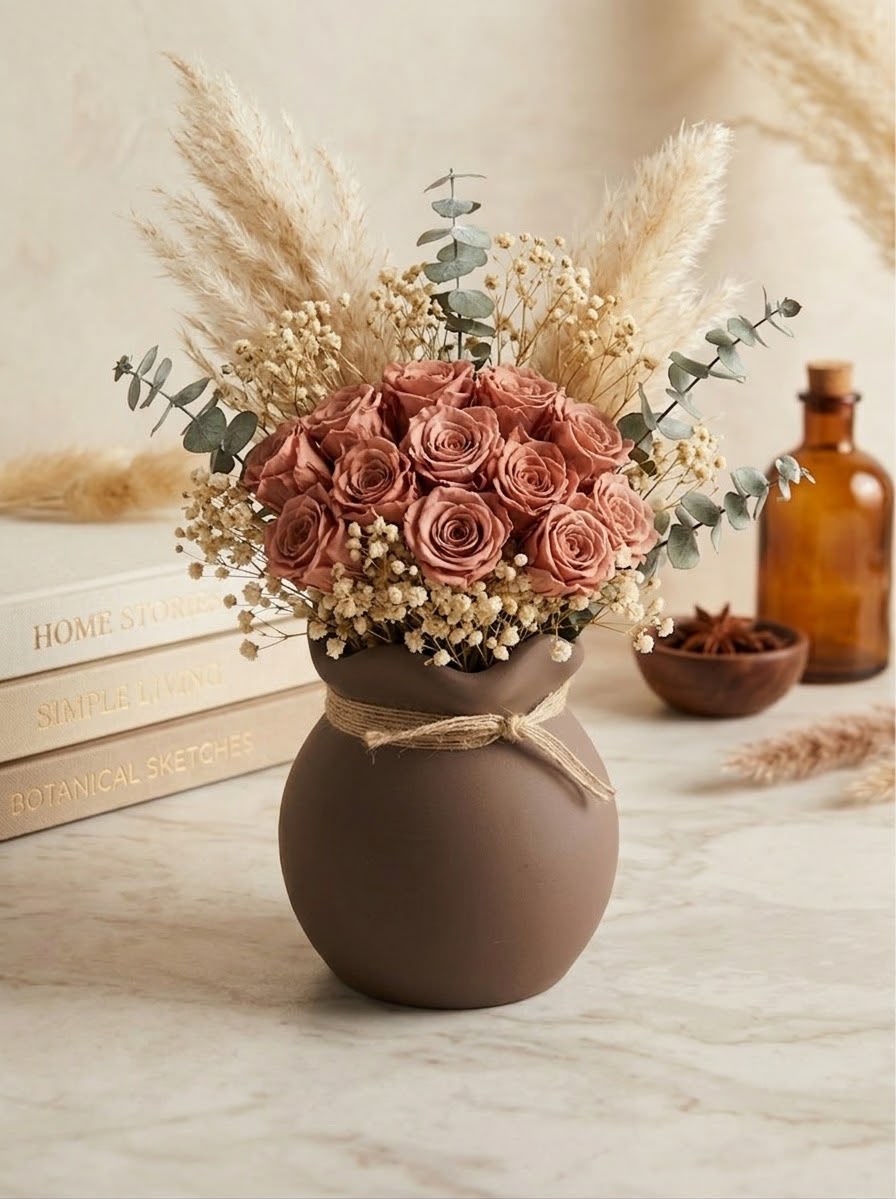 Organic Design 3D Printed Vase with Burlap Bow - Aurora Brown