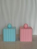 Pantry Collection pink and blue fluted canisters with ball lids