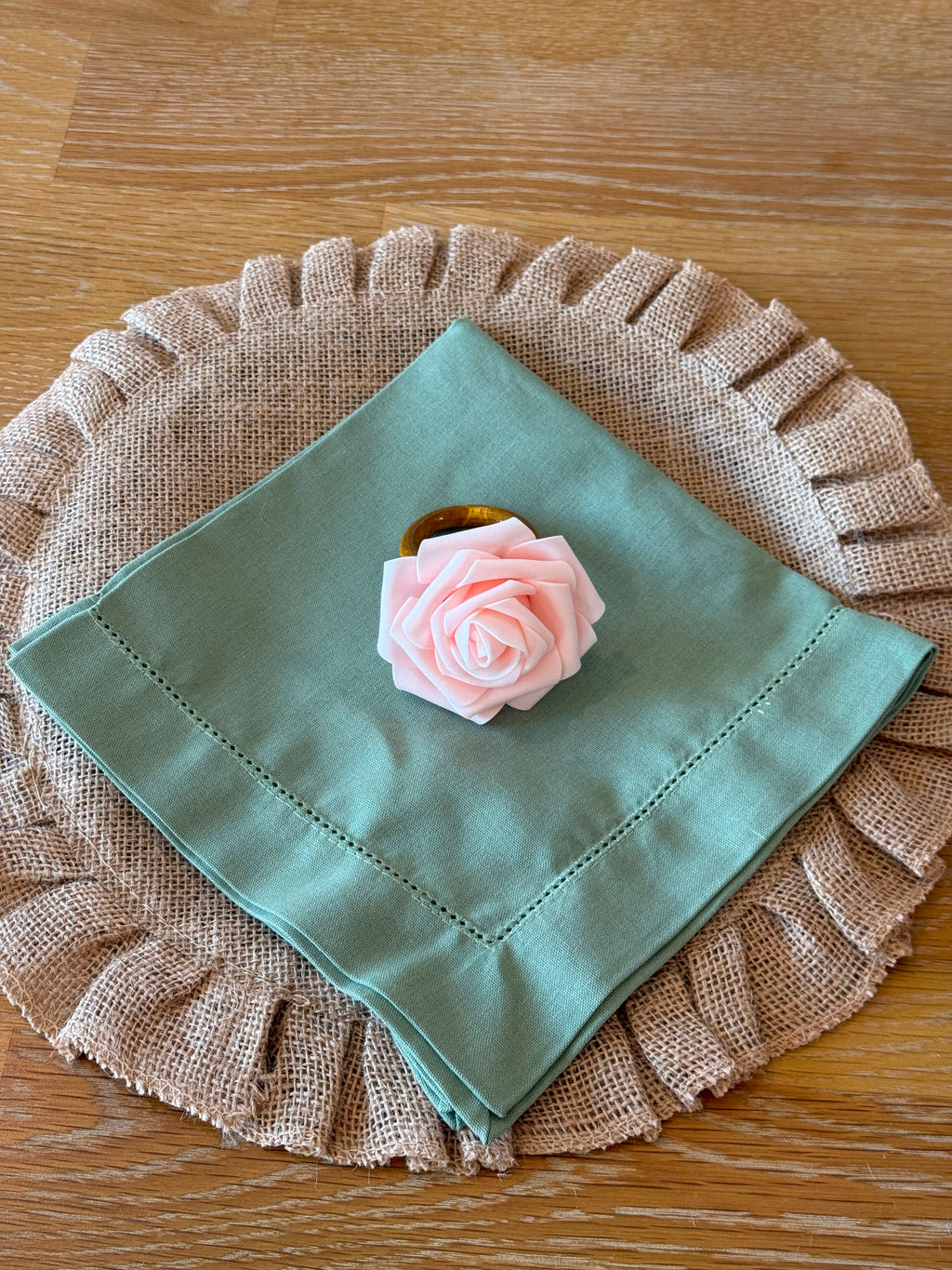 Her Garden Table Setting - burlap placemat, sage napkin, rose napkin ring