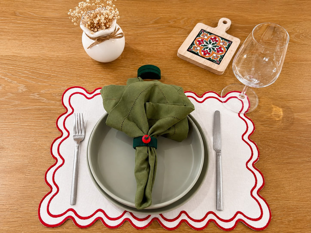 Tuscan Garden table setting with embroidered napkin, tomato napkin ring, and placemat