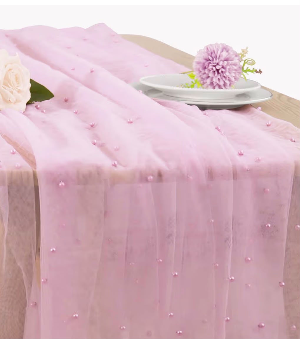 Table Runner Rosa Bebê com Pérolas - mesa posta