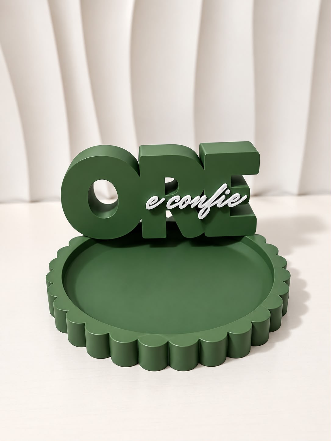 Grace Collection olive green scalloped tray with olive green and white Ore e Confie plaque