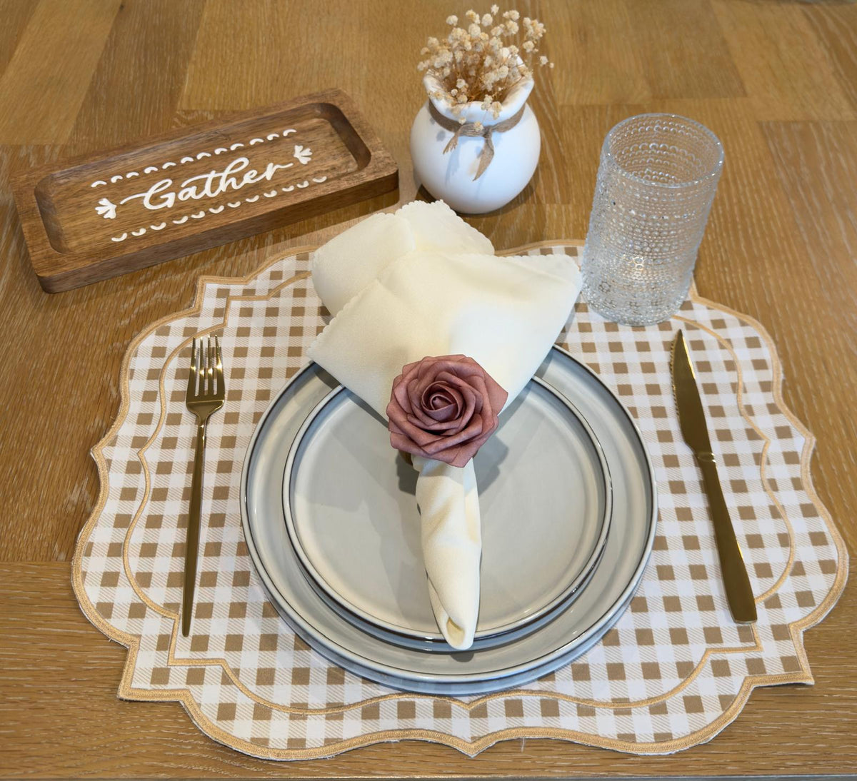 Countryside Charm gingham placemat detail with rose napkin ring