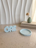 Grace Collection baby blue scalloped tray with baby blue and white Ore e Confie plaque