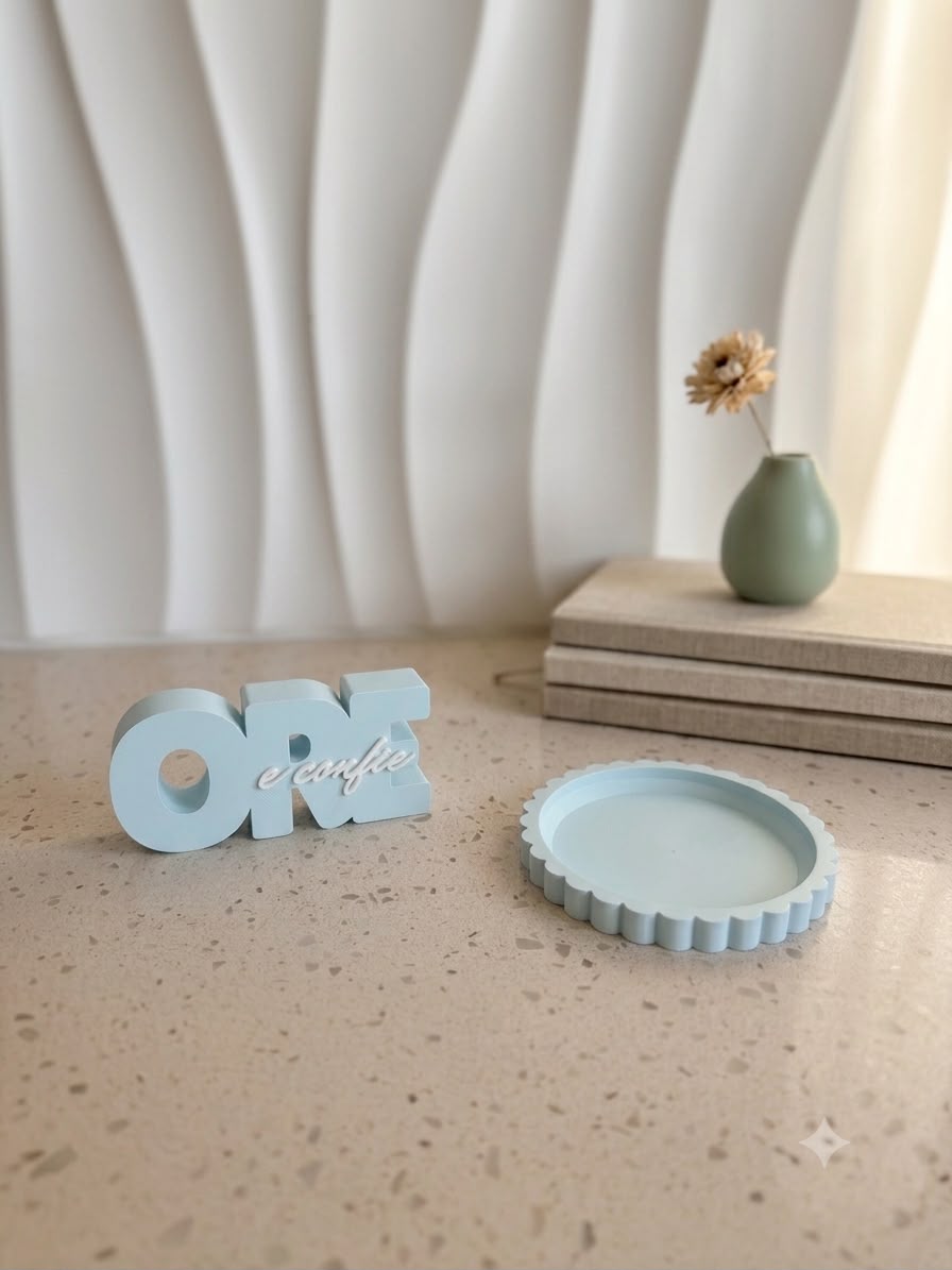 Grace Collection baby blue scalloped tray with baby blue and white Ore e Confie plaque