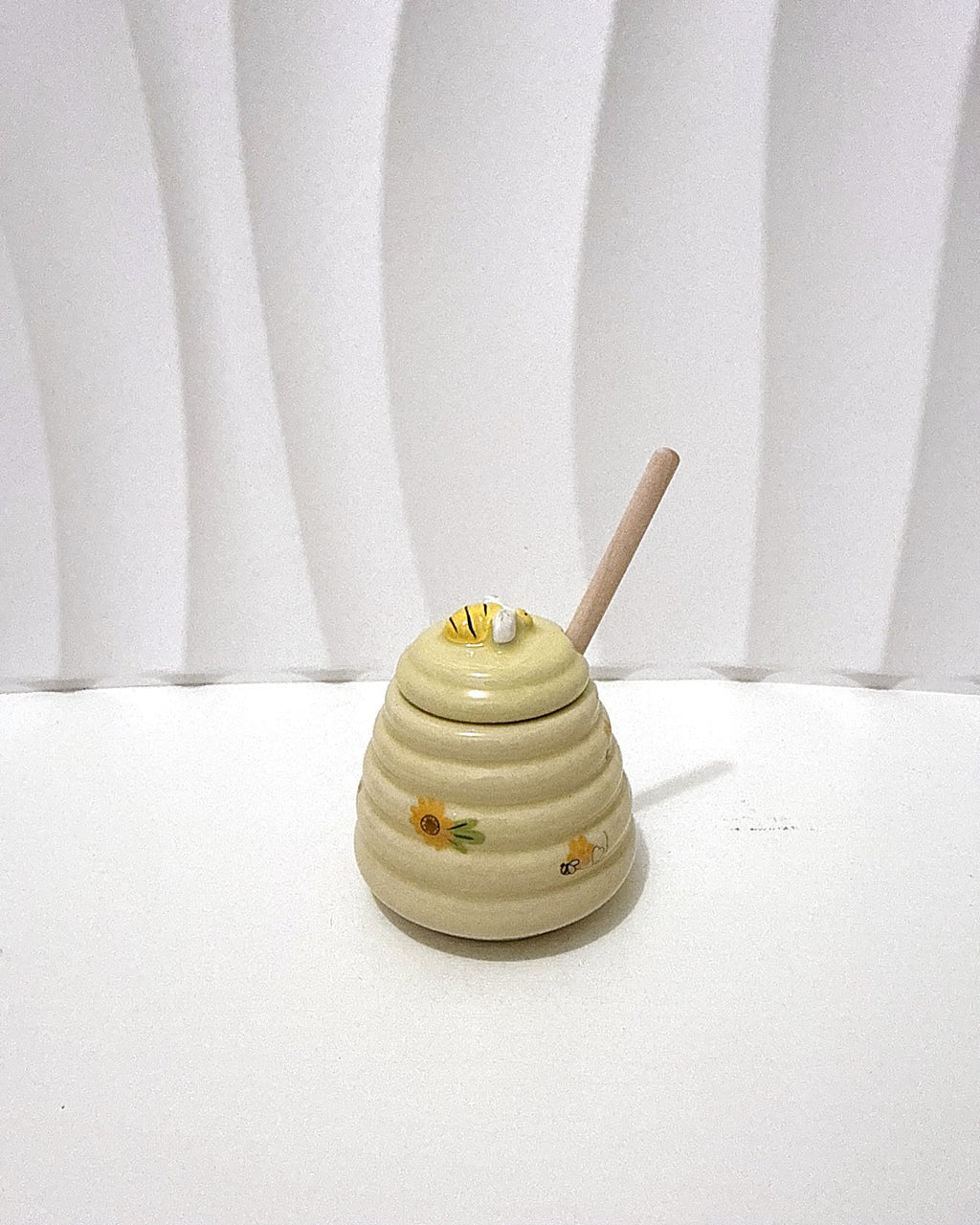 Ceramic beehive honey pot with bee lid and wooden dipper