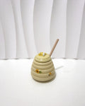 Ceramic beehive honey pot with bee lid and wooden dipper