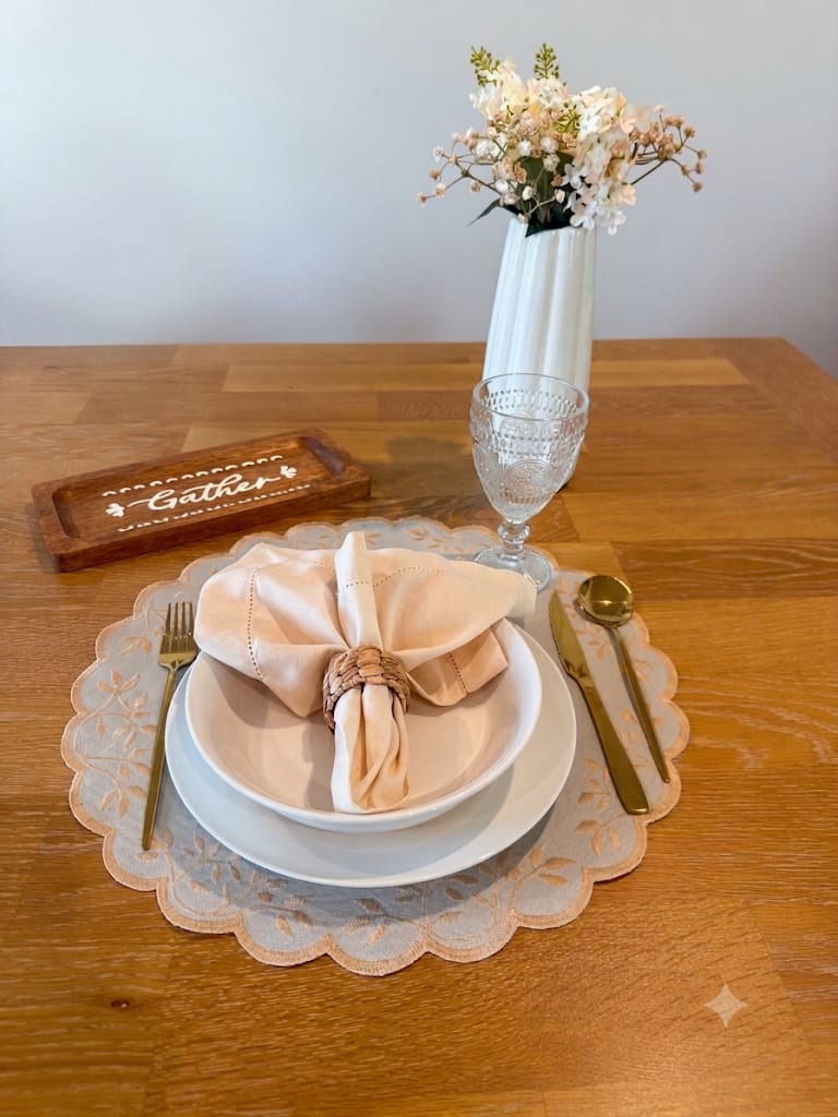 Whispering Leaves table setting with cream napkin, woven rattan napkin ring, and gold flatware